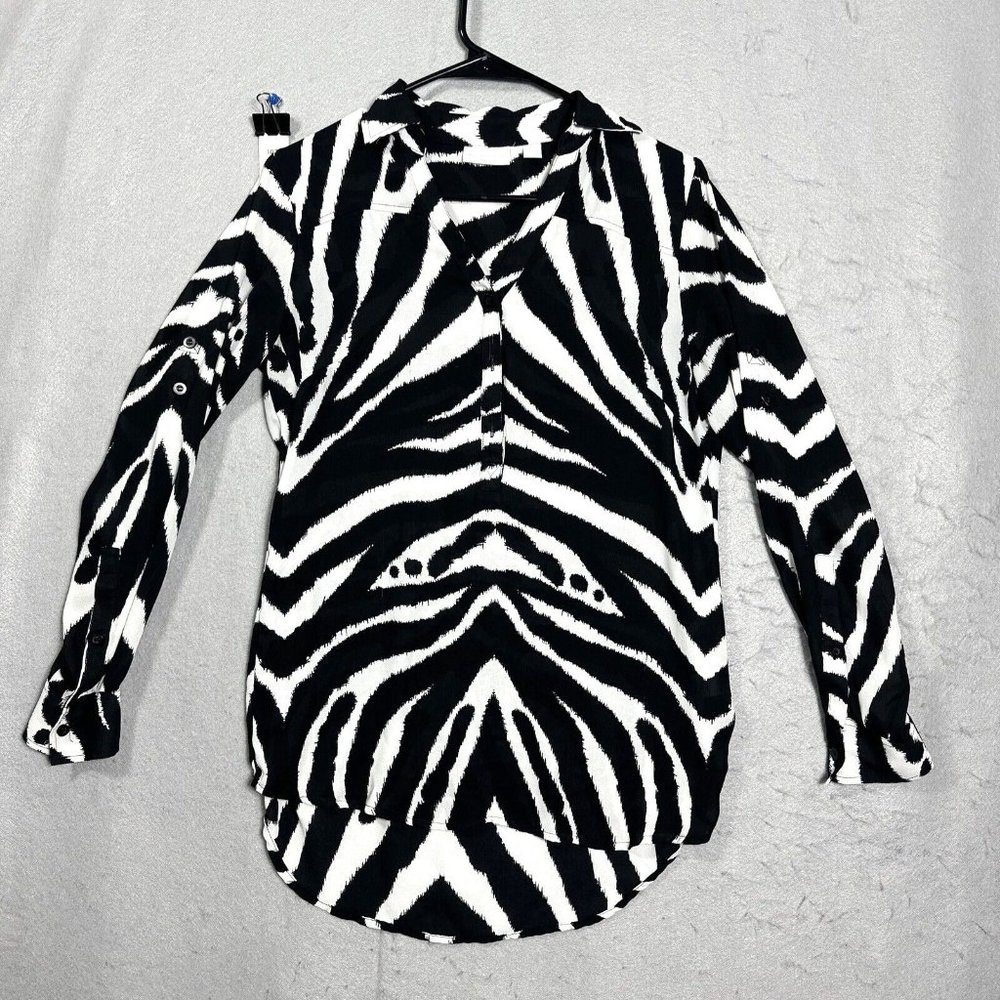New York & Company Womens Blouse Long Sleeve Zebra Black White Size XS
